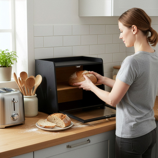 Chlebak bambusowy duży zamykany dwupoziomowy z okienkiem szafka na pieczywo czarna