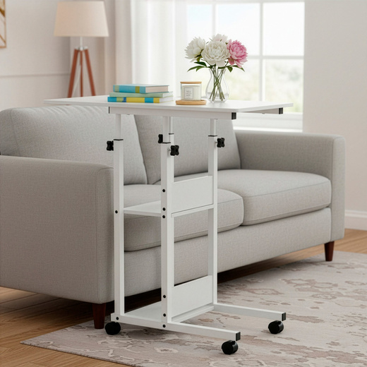 Stolik na kółkach regulowany 76-86 cm biurko mobilne pod laptopa biały