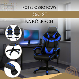 Fotel gamingowy, biurowy z regulacją nachylenia oparcia, krzesło obrotowe dla gracza, ekoskóra, czarno-niebieski