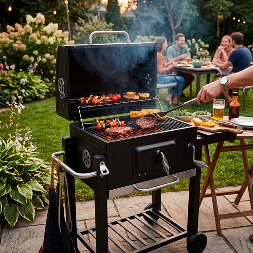 Grill węglowy, ogrodowy z pokrywą, termometr, ruszt emaliowany