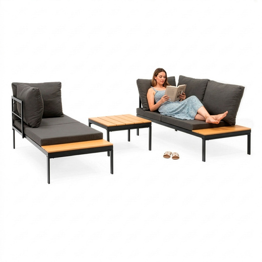 Meble ogrodowe zestaw stolik kawowy, sofa modułowa z poduszkami na taras czarno-brązowy