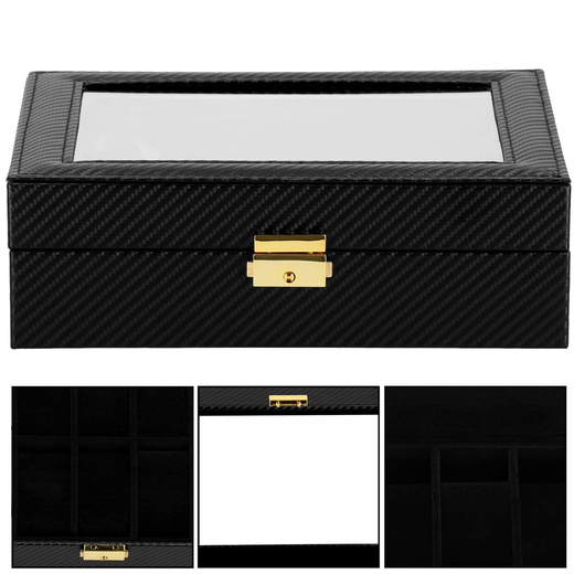 Szkatułka na zegarki 25x20x8 cm czarna, ekoskóra organizer z 10 przegródkami