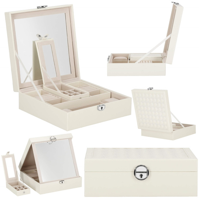 Szkatułka na biżuterię ekoskóra 25x25x8,5 cm kremowy organizer z przegródkami
