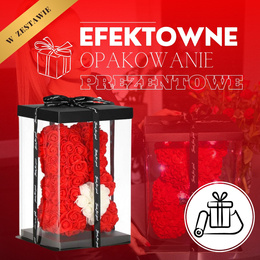 Miś z płatków róż czerwony 25 cm rose bear z białym sercem