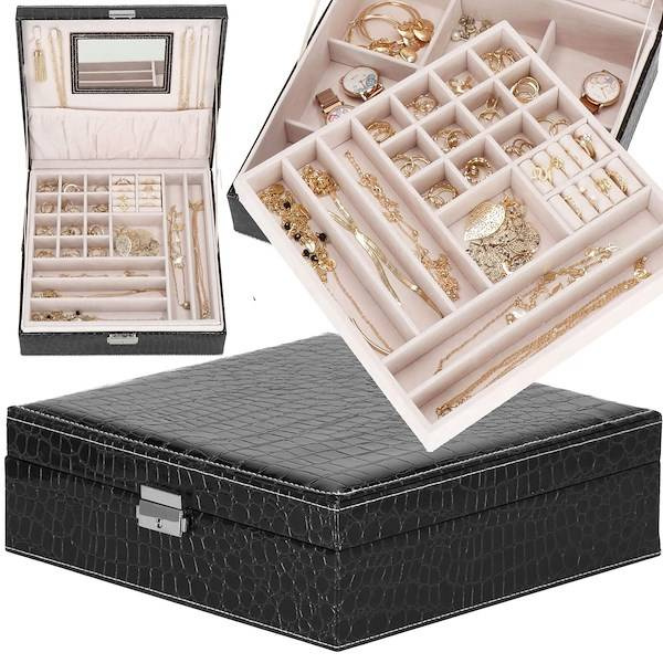 Szkatułka na biżuterię ekoskóra 26x26x8,5 cm czarny organizer z przegródkami