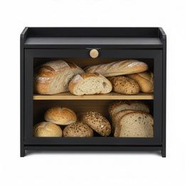 Chlebak bambusowy duży zamykany dwupoziomowy z okienkiem szafka na pieczywo czarna