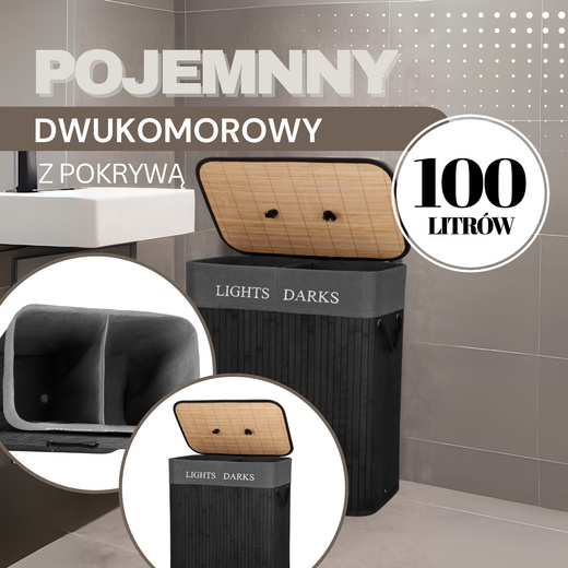 Kosz na pranie 100L z pokrywą czarny bambus dwukomorowy czarny