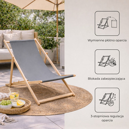 Leżak ogrodowy drewniany z 3-stopniową regulacją, plażowy, balkonowy do 120 kg szary