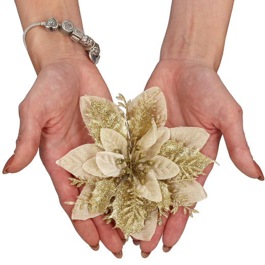 Gwiazda betlejemska, sztuczny kwiat, poinsecja kremowo-złota z brokatem na klipsie