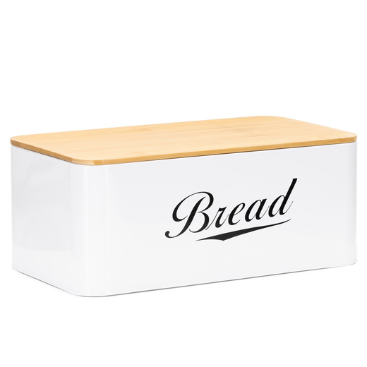Chlebak metalowy, zamykany z bambusową deską, pojemnik na pieczywo, biały