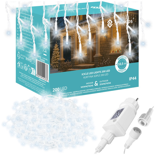 Kurtyna świetlna 200 led girlanda, lampki wewnętrzno-zewnętrzne sople zimny biały
