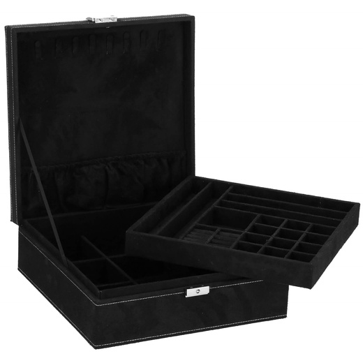 Szkatułka na biżuterię 26x26x9 cm czarny, welurowy organizer z przegródkami