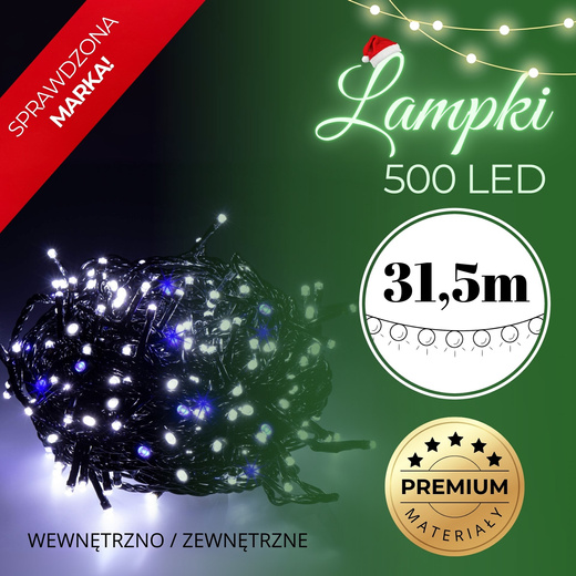 Lampki choinkowe 500 led biały zimny + niebieski flash 31,5 m oświetlenie świąteczne IP44