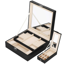 Szkatułka na biżuterię ekoskóra 25 x 25 x 8,5 cm czarny organizer z przegródkami i lusterkiem