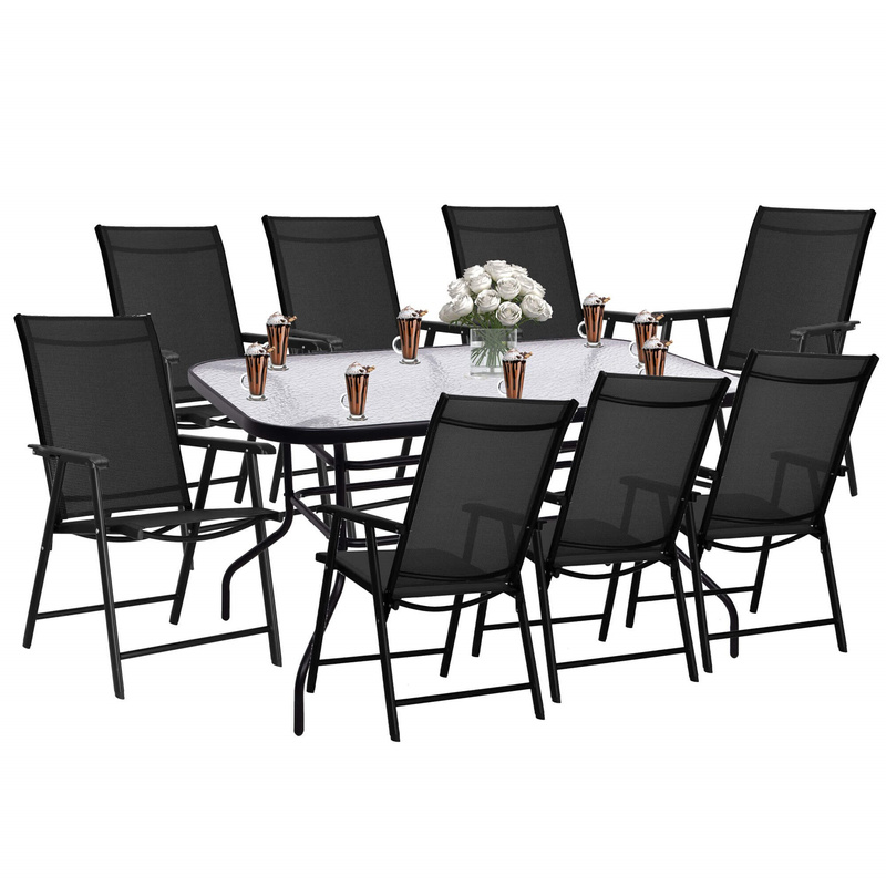 Meble ogrodowe 8 krzeseł stół ze szkłem hartowanym zestaw na taras czarny