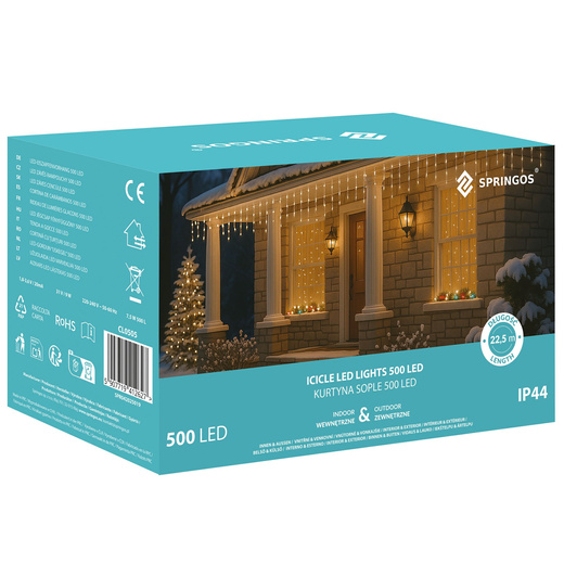 Kurtyna świetlna z pilotem 500 led girlanda, lampki wewnętrzno-zewnętrzne 22,5 m sople ciepły biały