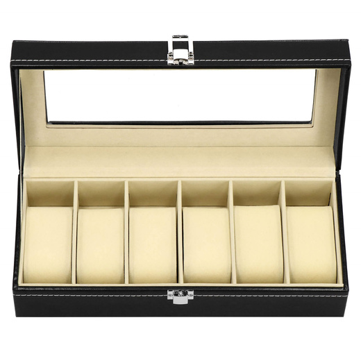 Szkatułka na zegarki 30x11x8 cm czarno-kremowy, ekoskóra organizer z przegródkami i okienkiem
