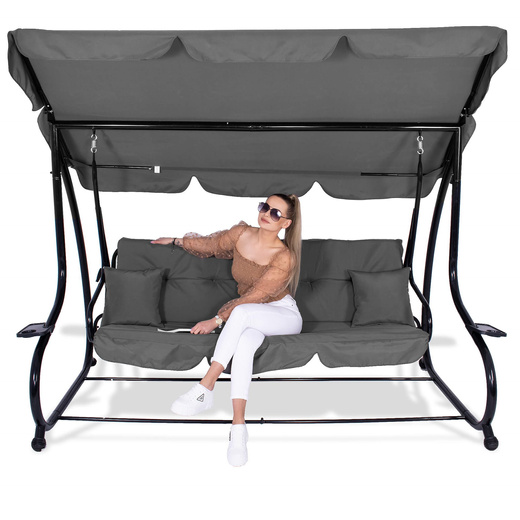 Huśtawka ogrodowa linda 4 osobowa 300 kg stalowa z regulowanym daszkiem szara