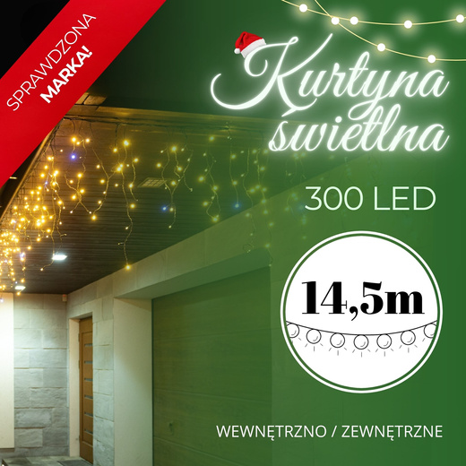 Kurtyna świetlna 300 led girlanda, lampki wewnętrzno-zewnętrzne sople biały ciepły + flash