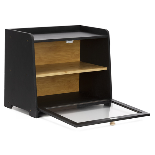 Chlebak bambusowy duży zamykany dwupoziomowy z okienkiem szafka na pieczywo czarna