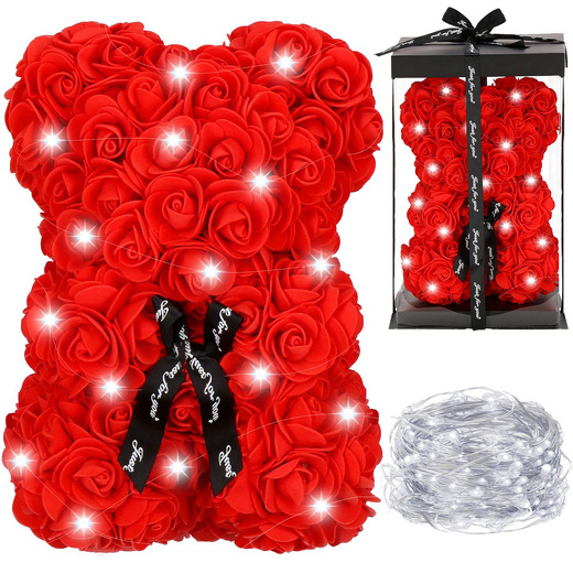 Miś z płatków róż czerwony 22 cm rose bear z kokardką i lampkami LED biały zimny