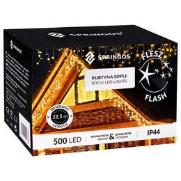 Kurtyna świetlna 500 led girlanda, lampki wewnętrzno-zewnętrzne 22,5 m sople biały ciepły + flash