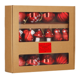 Bombki choinkowe 14 szt. mix wzorów: okrągłe, muchomorek, sowa, wiewiórka, dekoracje świąteczne, czerwone