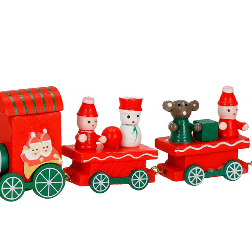Drewniany pociąg z wagonikami, dekoracja, ozdoba świąteczna, wystrój wnętrz