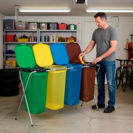 Stojak na worki na śmieci 4 komory kosz do segregacji odpadów, stelaż z pokrywami