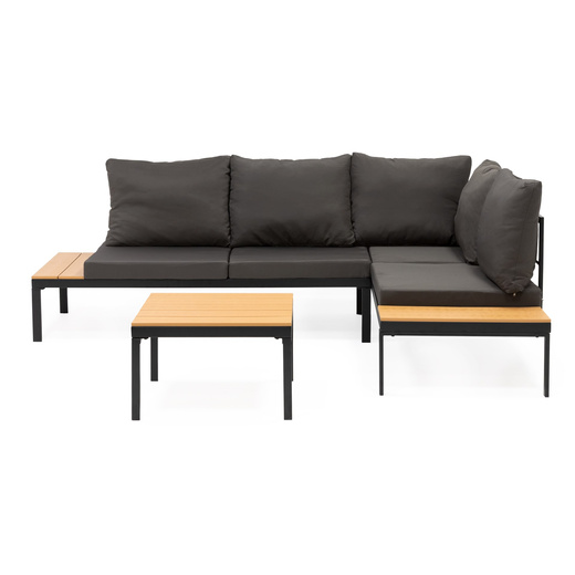 Meble ogrodowe zestaw stolik kawowy, sofa modułowa z poduszkami na taras czarno-brązowy