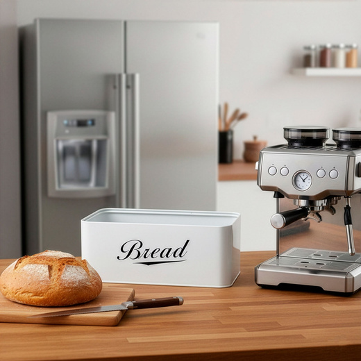 Chlebak metalowy, zamykany z bambusową deską, pojemnik na pieczywo, biały