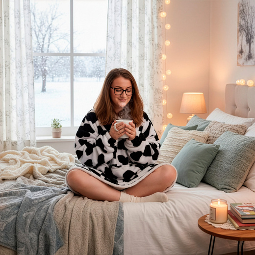 Kocobluza damska oversize koc bluza 2w1 z kapturem ciepła szlafrok futrzak czarno-biały