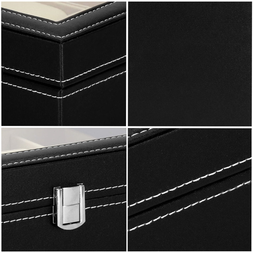 Szkatułka na zegarki 25x20x8 cm czarno-kremowy, ekoskóra organizer z 10 przegródkami