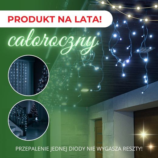 Kurtyna świetlna 300 led girlanda, lampki wewnętrzno-zewnętrzne 15,5 m sople biały zimny + flash