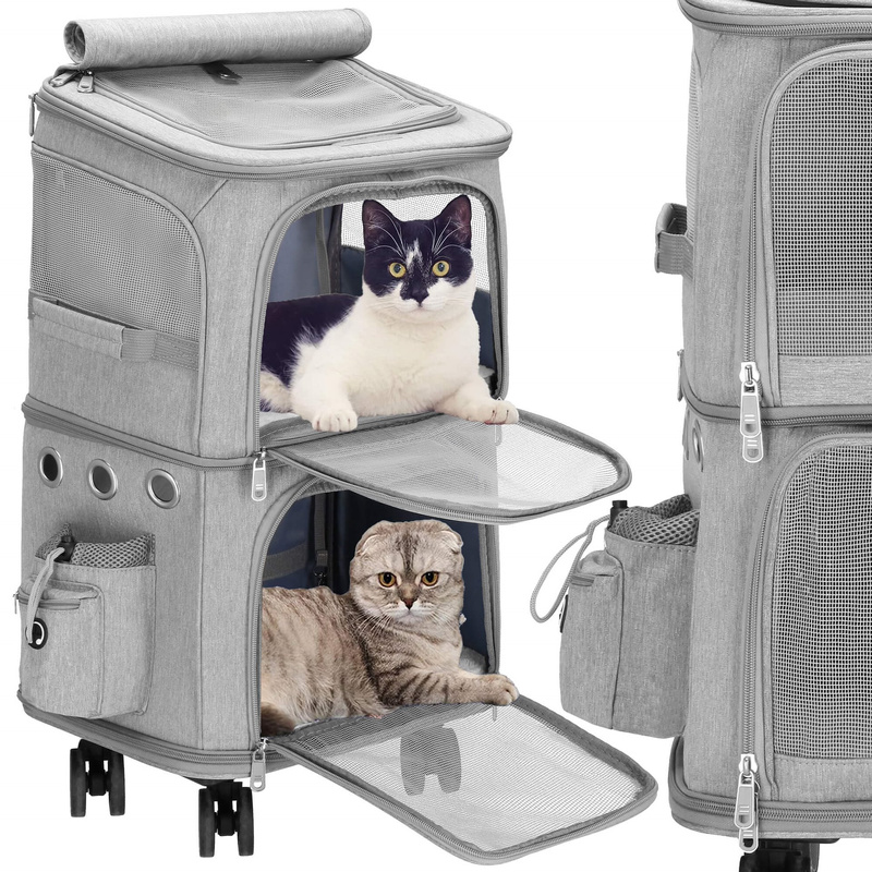 Transporter dla kota, psa 55 x 34 x 26 cm walizka na kółkach do transportu zwierząt, dwukomorowa, szara