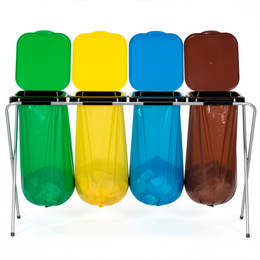 Stojak na worki na śmieci 4 komory kosz do segregacji odpadów, stelaż z pokrywami