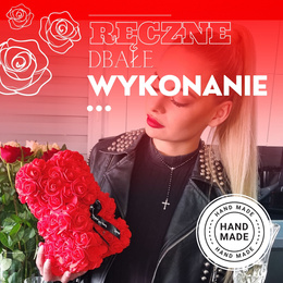 Miś z płatków róż czerwony 22 cm rose bear z kokardką