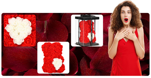 Miś z płatków róż czerwony 25 cm rose bear z białym sercem