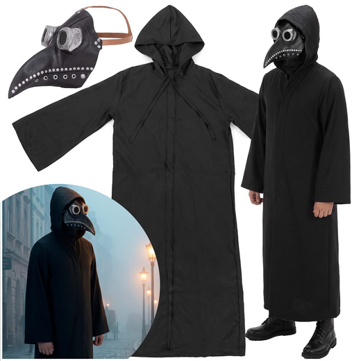 Strój na Halloween Doktor Plaga kostium peleryna z kapturem, maska kruk przebranie L/XL