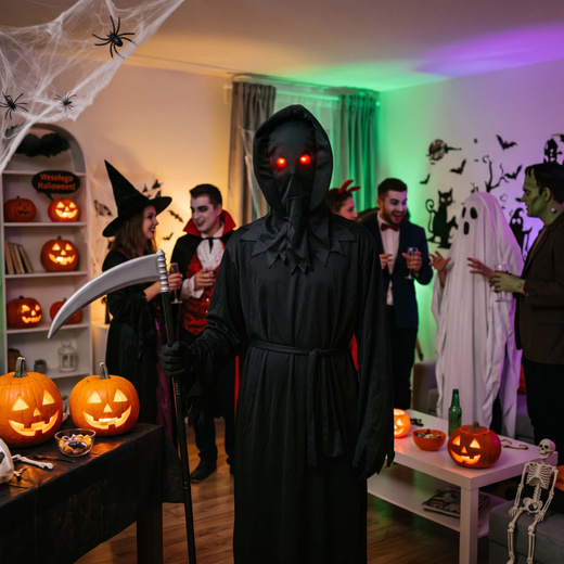 Przebranie na Halloween 146/152 cm strój śmierć, żniwiarz, kostium kostuchy, kosa, okulary LED