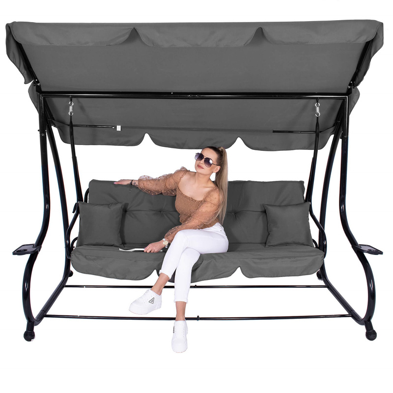 Huśtawka ogrodowa linda 4 osobowa 300 kg stalowa z regulowanym daszkiem szara