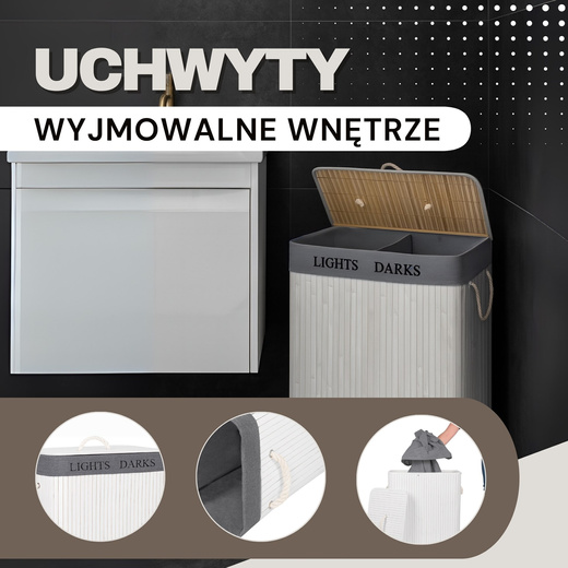 Kosz na pranie 100L bambusowy z pokrywą biały, szary
