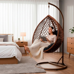 Kokon ogrodowy rattanowy z poduszkami fotel wiszący bujak huśtawka na metalowym stelażu brązowa