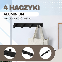 Wieszak łazienkowy ścienny z 4 haczykami do przedpokoju, kuchni aluminiowy czarny