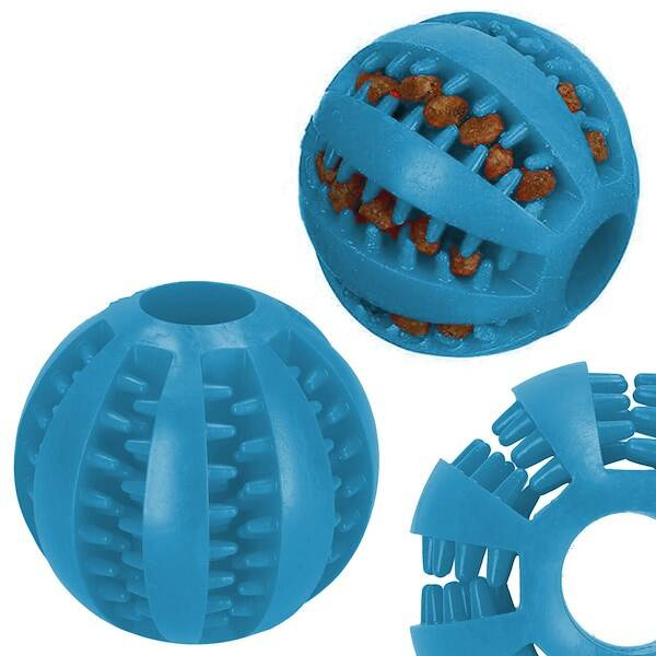 Gryzak dla psa gumowa piłka na przysmaki i do czyszczenia zębów niebieska