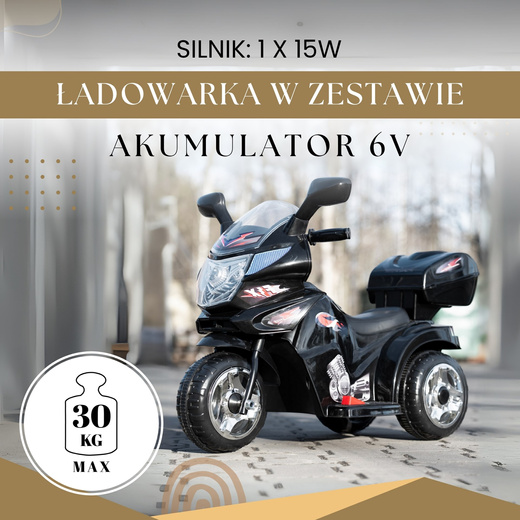 Motocykl dla dzieci, elektryczny jeździk trójkołowy, motorek na akumulator, czarny