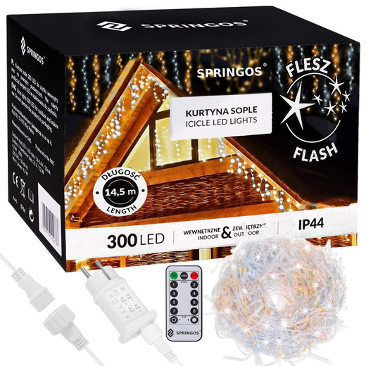 Kurtyna świetlna 300 led girlanda, lampki wewnętrzno-zewnętrzne sople biały ciepły + biały flash