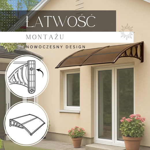 Zadaszenie, daszek do drzwi wejściowych, balkonowych, tarasowych 200x96 cm brązowy, transparentny