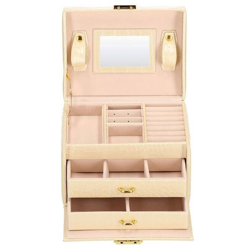 Szkatułka na biżuterię ekoskóra 17,5x14x12,5 cm ecru organizer z przegródkami