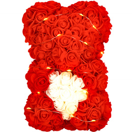 Miś z płatków róż czerwony z sercem, 22 cm rose bear z lampkami LED biały ciepły